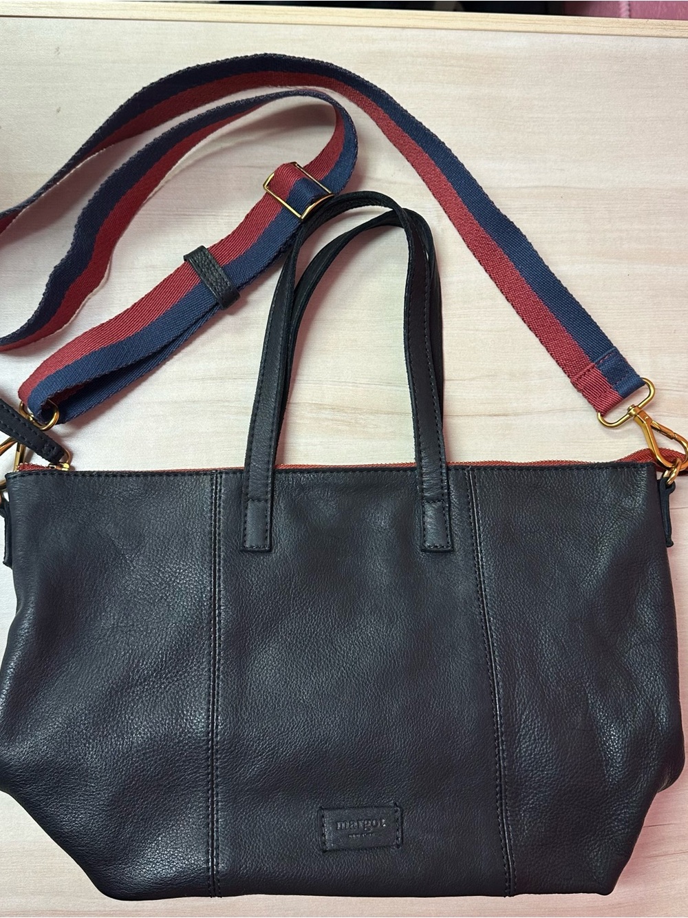 Margot Black Leather Tote Bag with Striped Strap